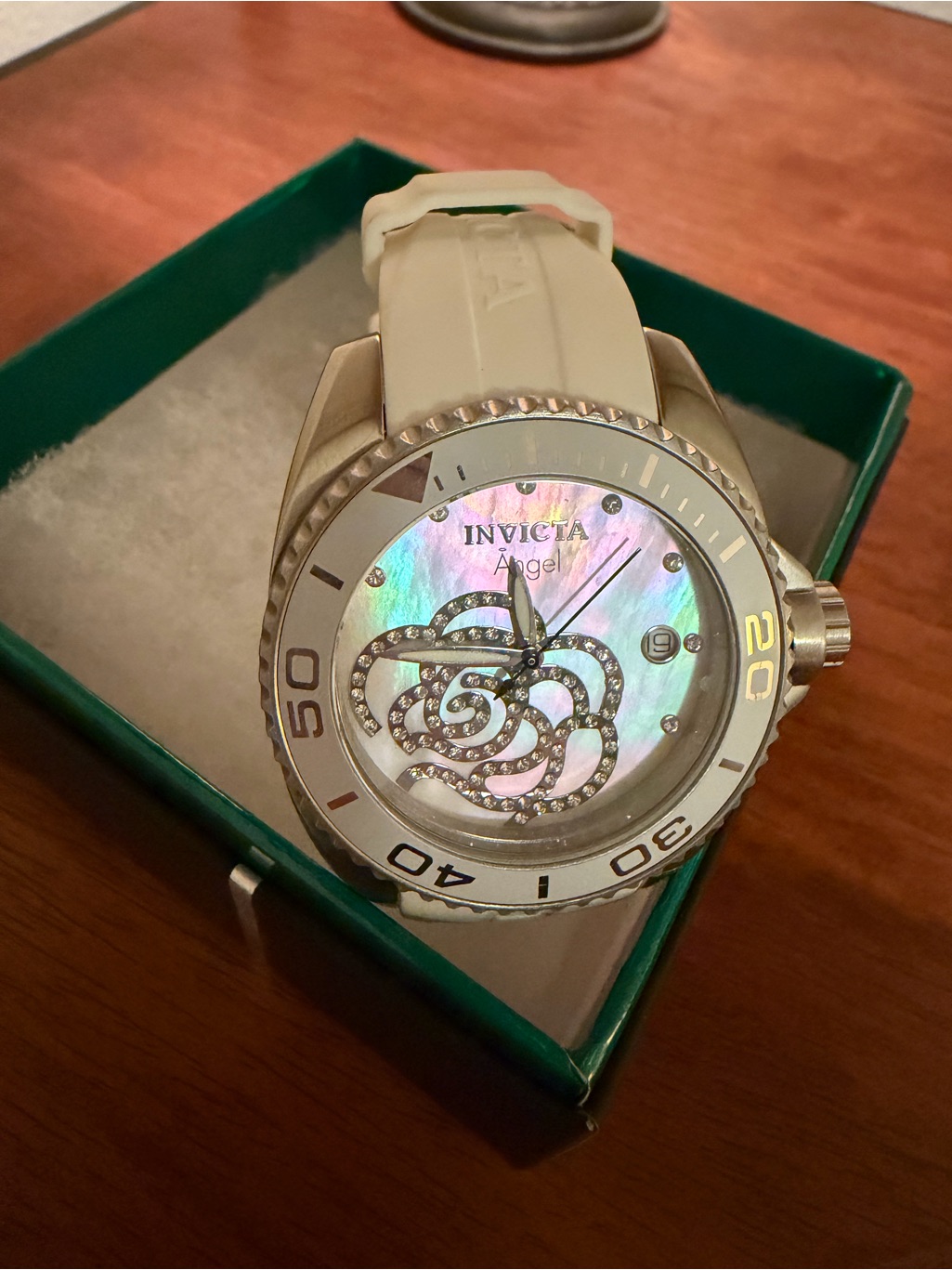 Invicta Angel White Strap Mother-Of-Pearl Dial Crystal Floral Watch